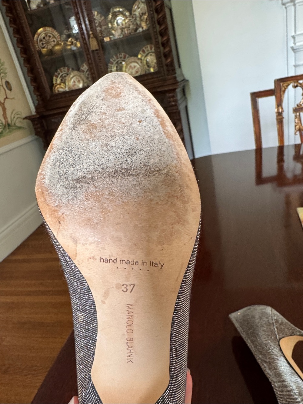 Manolo Blahnik Hangisi Silver Embellished Women's Pumps 37 - Picture 11 of 13